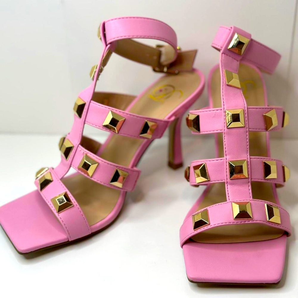 Barbie pink, strappy spiked heel sandals. Size 7
